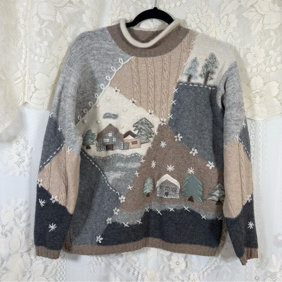 Vintage Lamsbwool Angora Wool Patchwork Sweater Gray and Brown Cottagecore Small - Picture 2 of 8